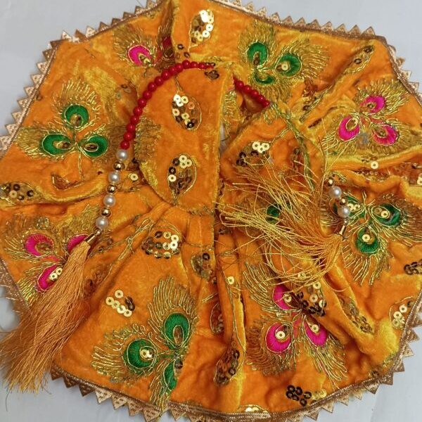 Kanha ji velvet frock with moti mala yellow color