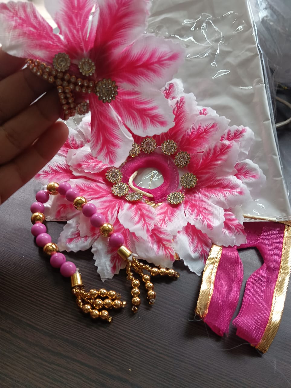 Janmasthmi special Kanha ji/laddu gopal fancy frock 6 no. pink with mala and mukut